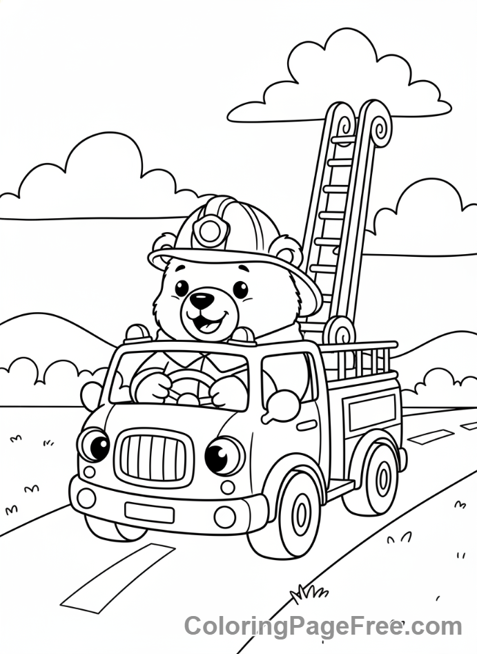 Cute animal driving a fire truck coloring page