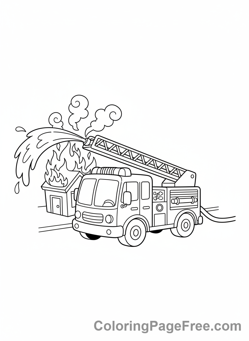 Distant fire scene with truck coloring page