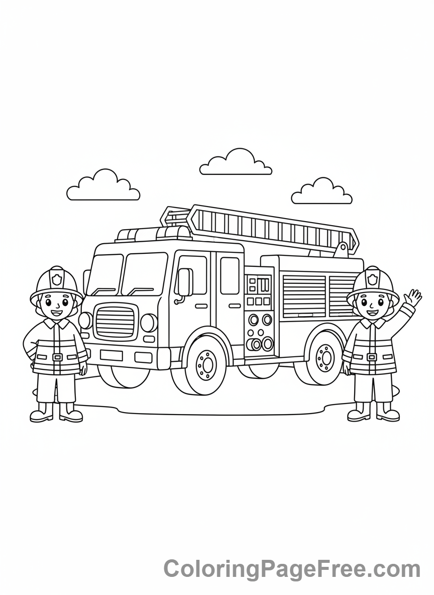 Firefighters on fire truck coloring page