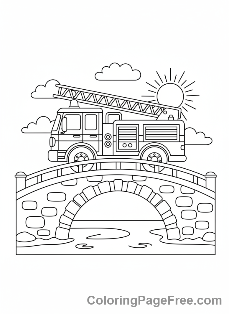 Fire Truck coloring page - Truck on bridge