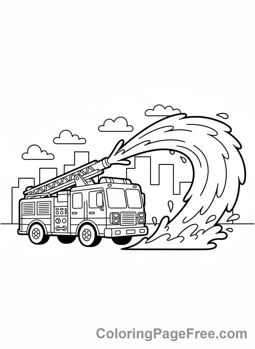 Fire truck spraying water coloring page