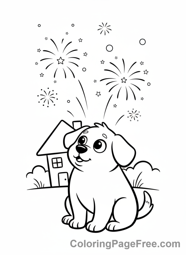 Fireworks coloring page - Dog watches fireworks