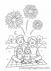 Fireworks coloring page - Family watching fireworks