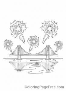 Fireworks coloring page - Fireworks over bridge