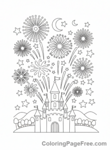 Fireworks coloring page - Fireworks over castle