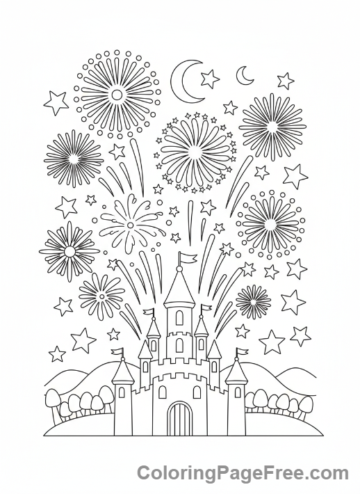 Fireworks over castle coloring page