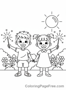 Fireworks coloring page - Kids with sparklers