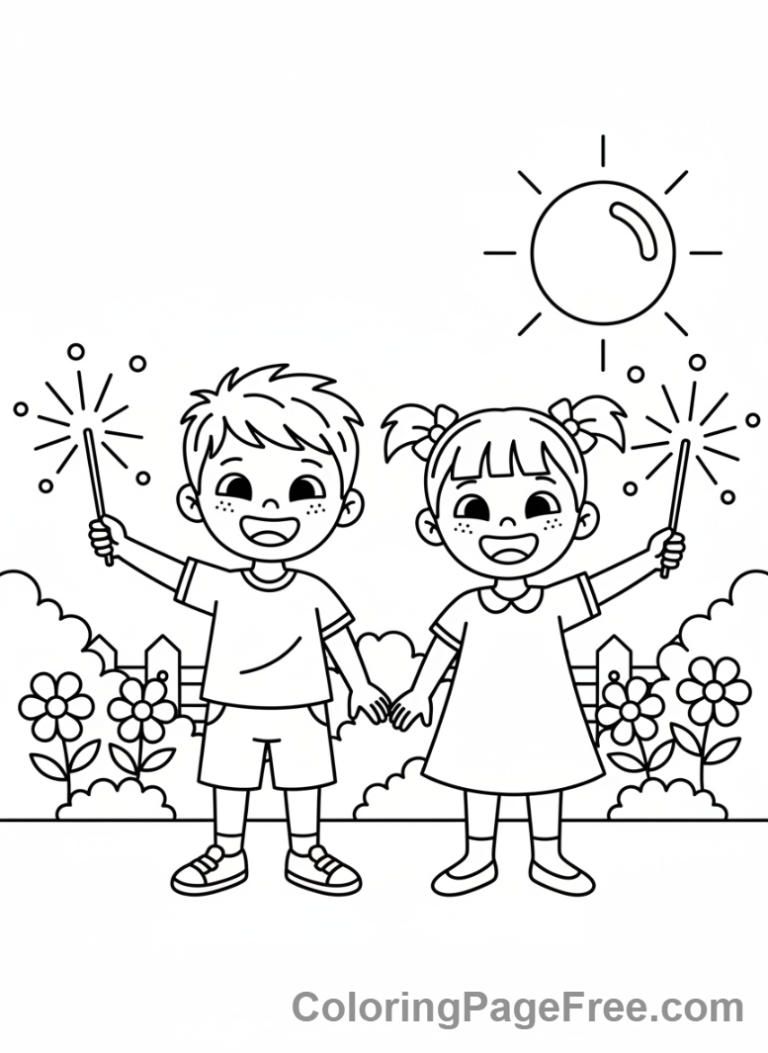 Fireworks coloring page - Kids with sparklers