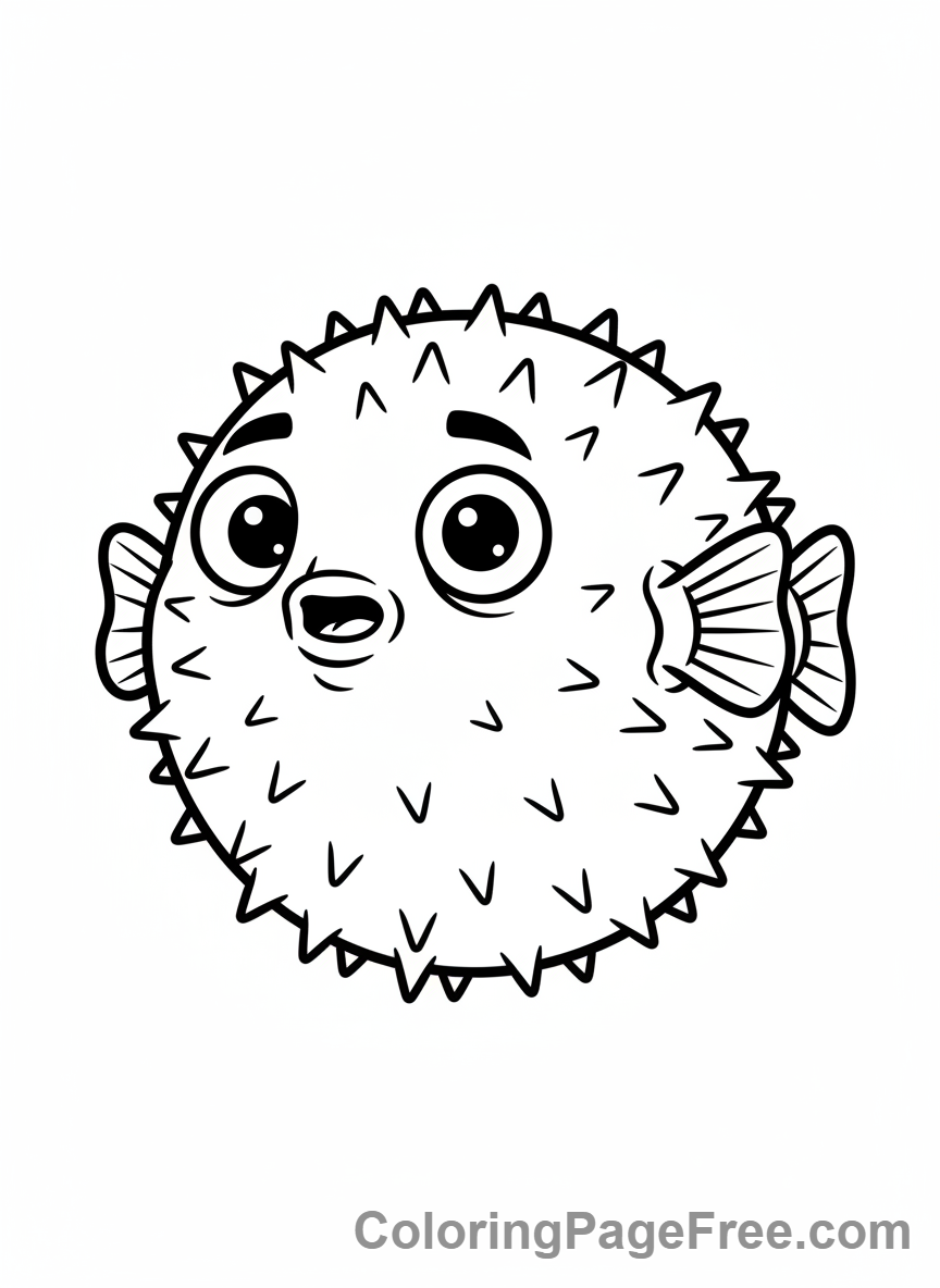 Fish coloring page - Pufferfish inflating close-up
