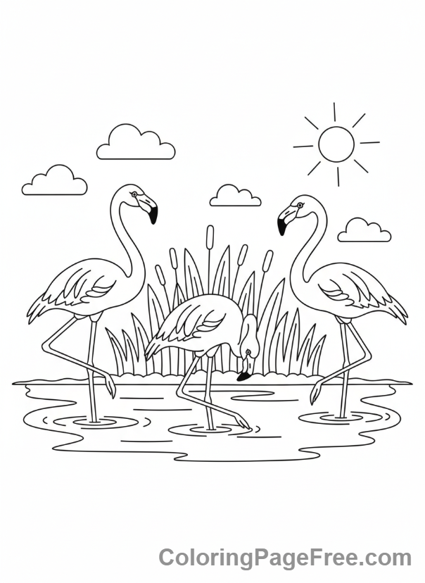 Flamingo coloring page - Flock flamingos lake