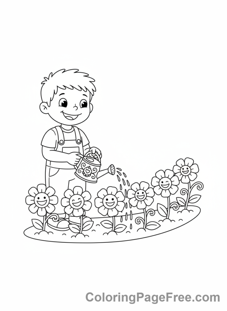 Flowers coloring page - Child watering flowers
