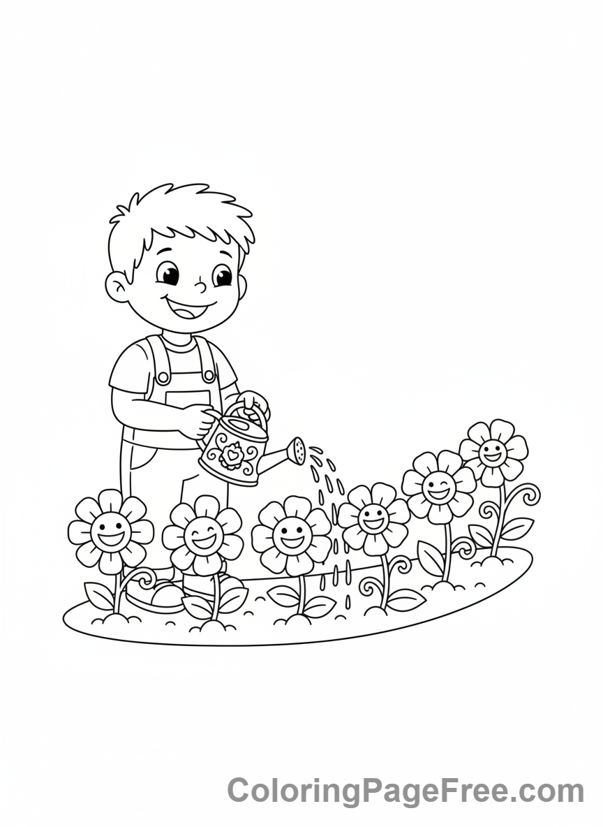 Flowers coloring page - Child watering flowers