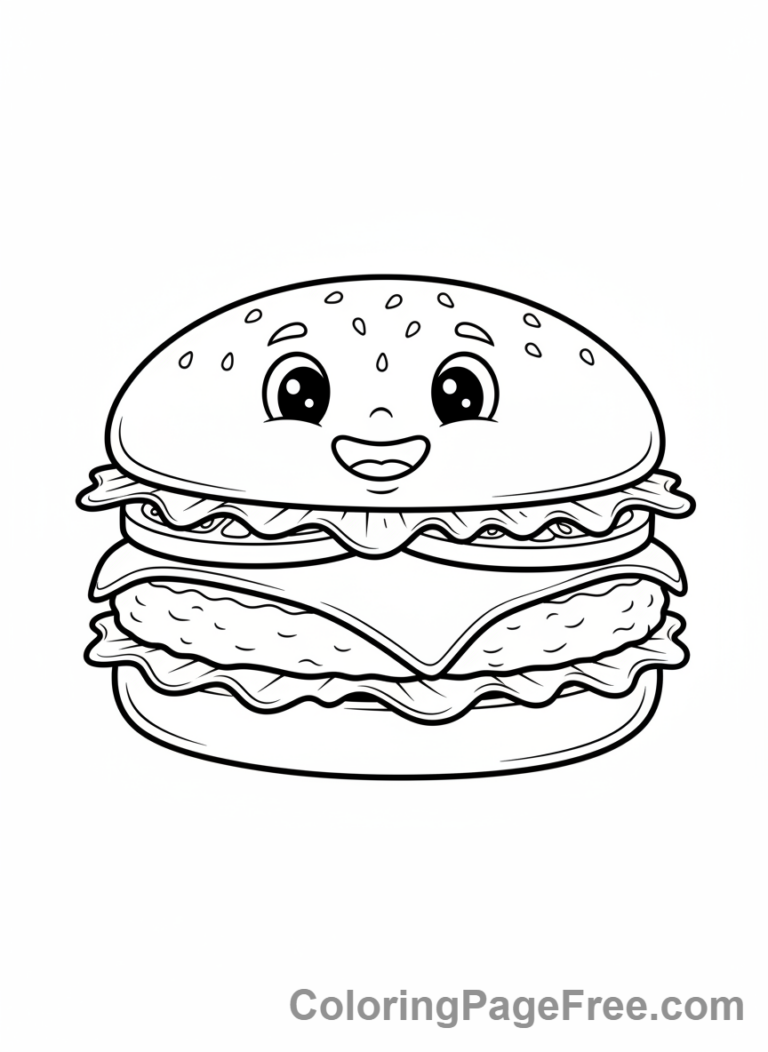 Food coloring page - Cute burger smiling