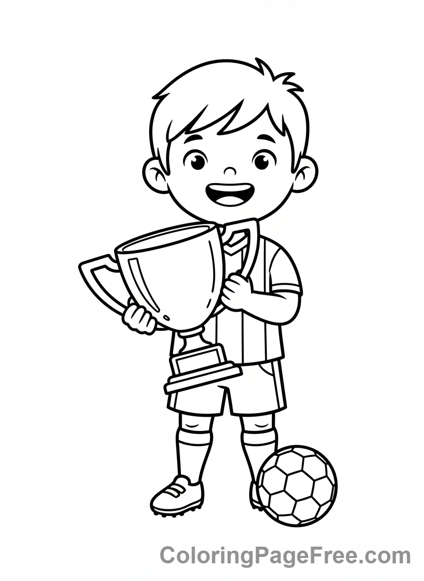 Football coloring page - Kid holding trophy