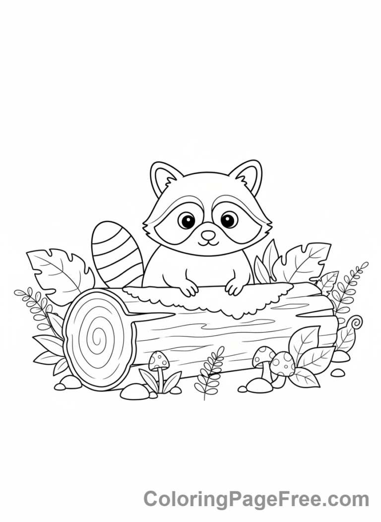 Forest Animals coloring page - Raccoon exploring log