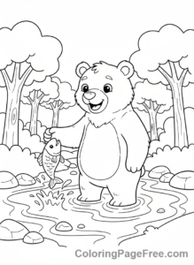 Forest coloring page - Bear fishing stream