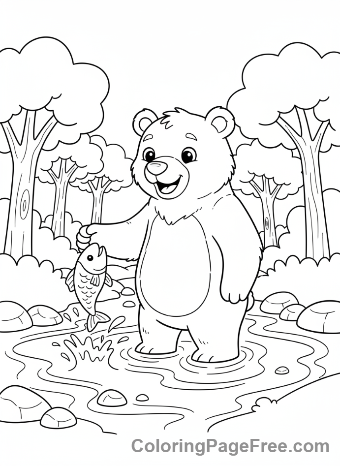Forest coloring page - Bear fishing stream