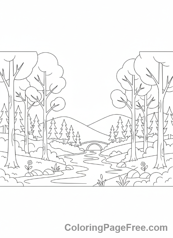 Forest coloring page - Forest river landscape