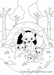 Forest coloring page - Fox kits den