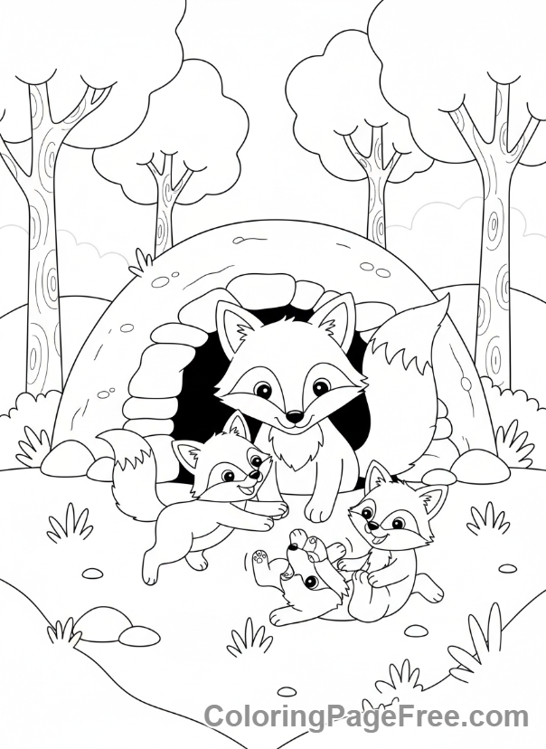 Forest coloring page - Fox kits den