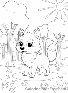 Forest coloring page - Friendly wolf forest