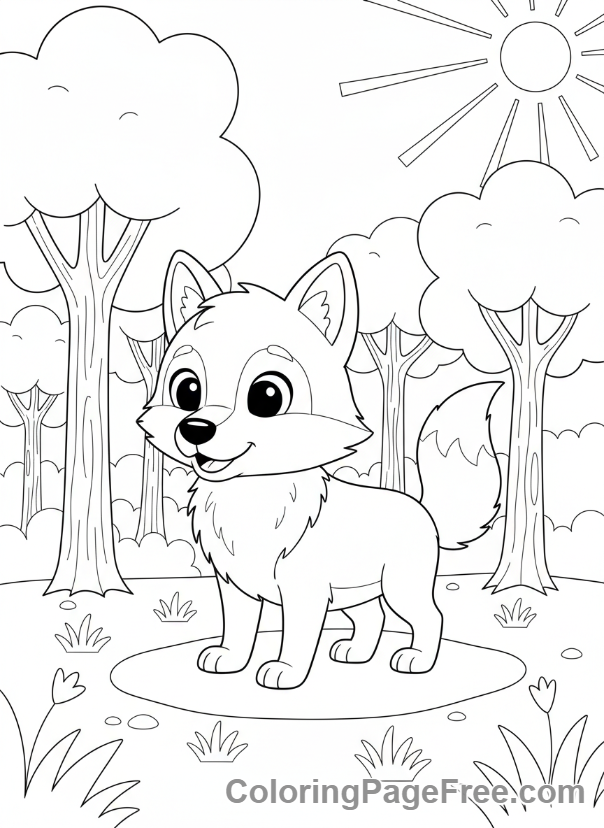 Forest coloring page - Friendly wolf forest