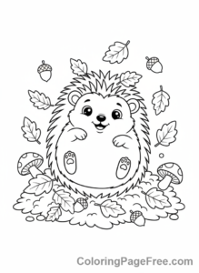 Forest coloring page - Hedgehog rolling leaves