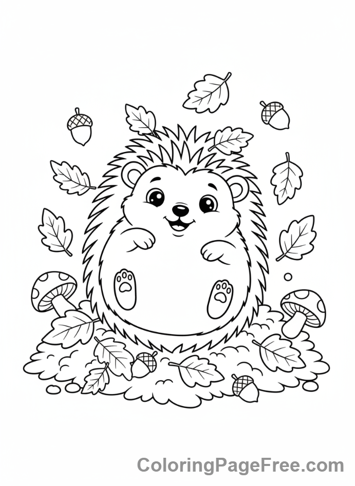 Forest coloring page - Hedgehog rolling leaves
