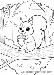 Forest coloring page - Squirrel gathering nuts