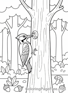 Forest coloring page - Woodpecker tree trunk