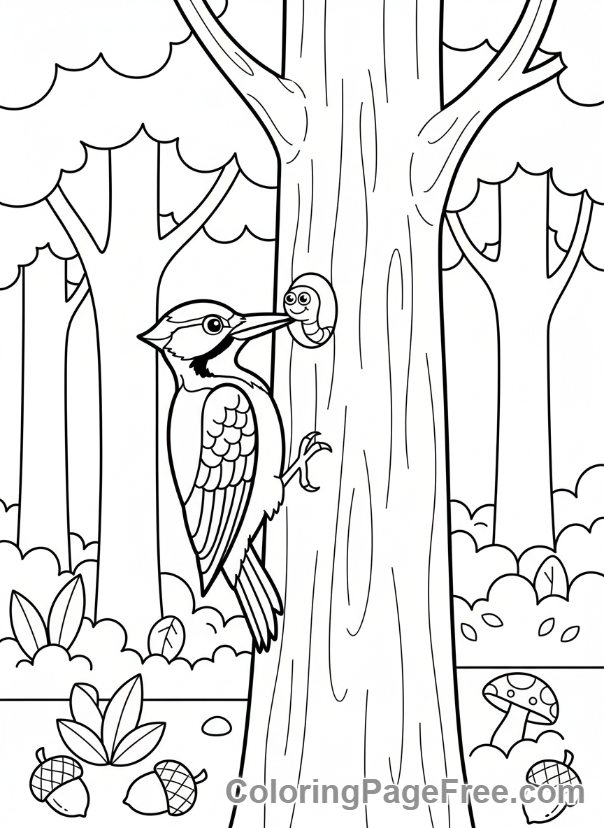 Forest coloring page - Woodpecker tree trunk