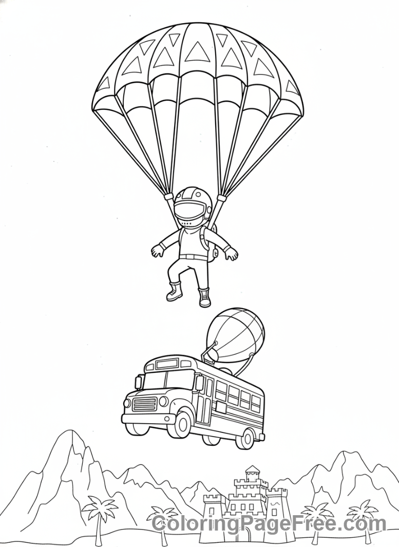 Fortnite coloring page - Character gliding battlebus