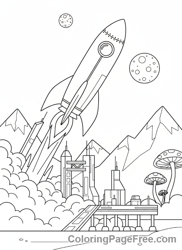 Galaxy coloring page - Rocket launch planet
