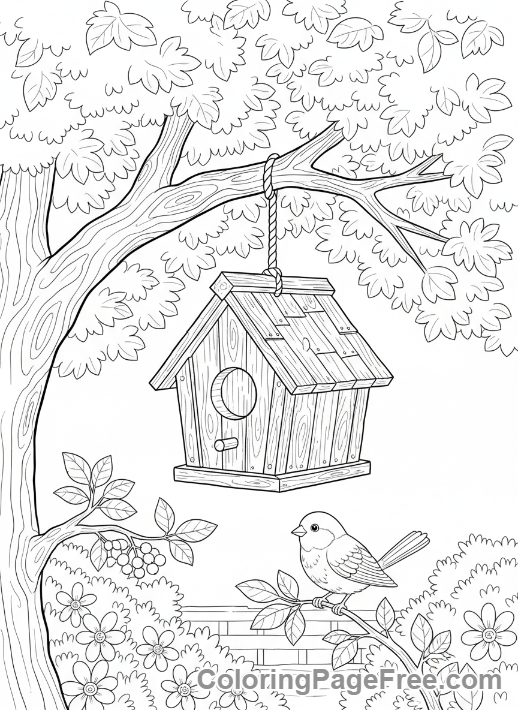 Garden coloring page - Birdhouse garden tree