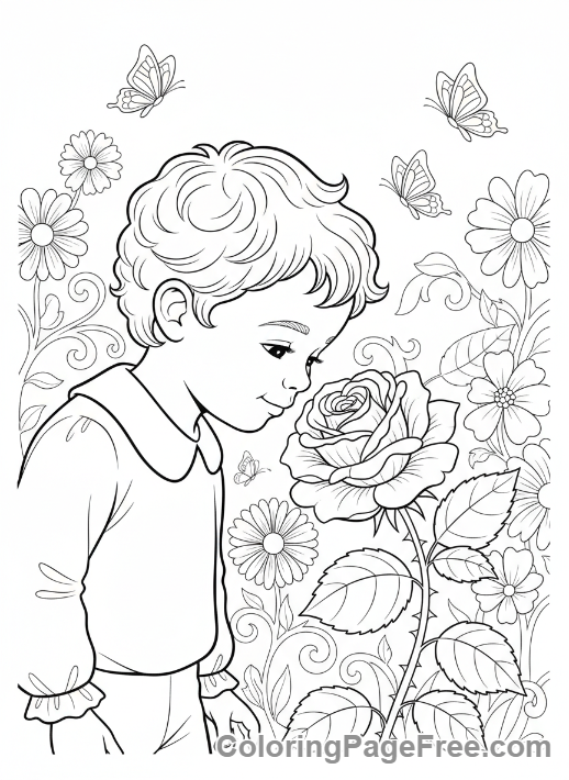 Garden coloring page - Child smelling rose