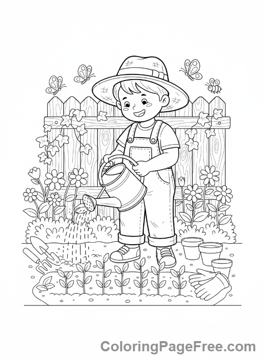 Garden coloring page - Child watering plants