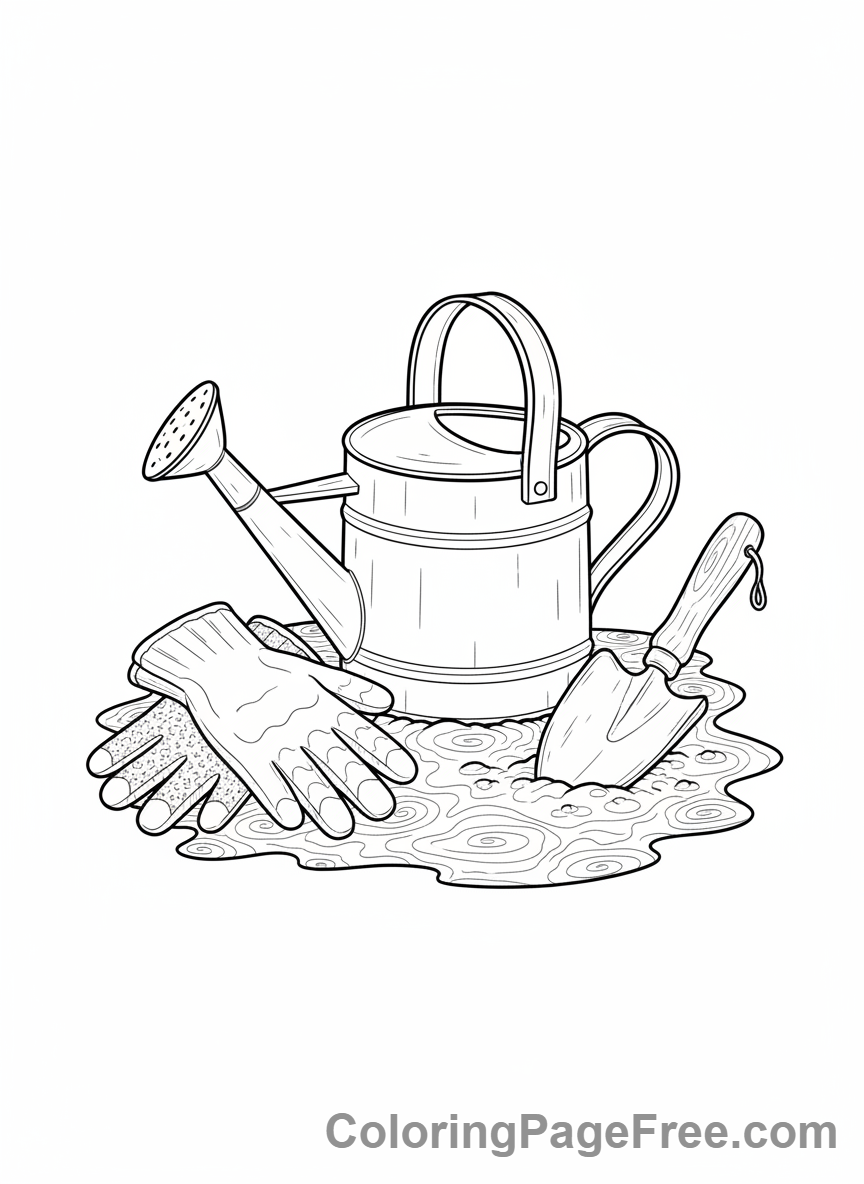Garden coloring page - Gardening tools set