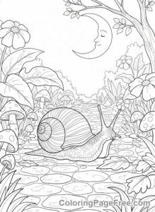 Garden coloring page - Snail crawling moonlight
