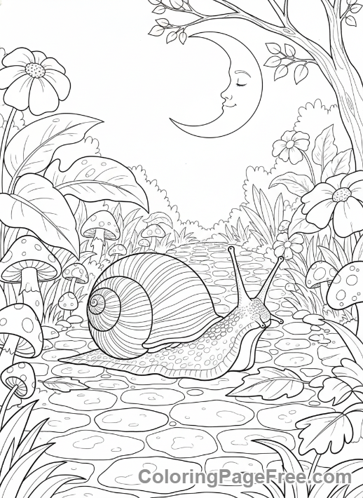Garden coloring page - Snail crawling moonlight