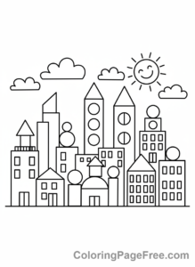 Geometric coloring page - Geometric city buildings