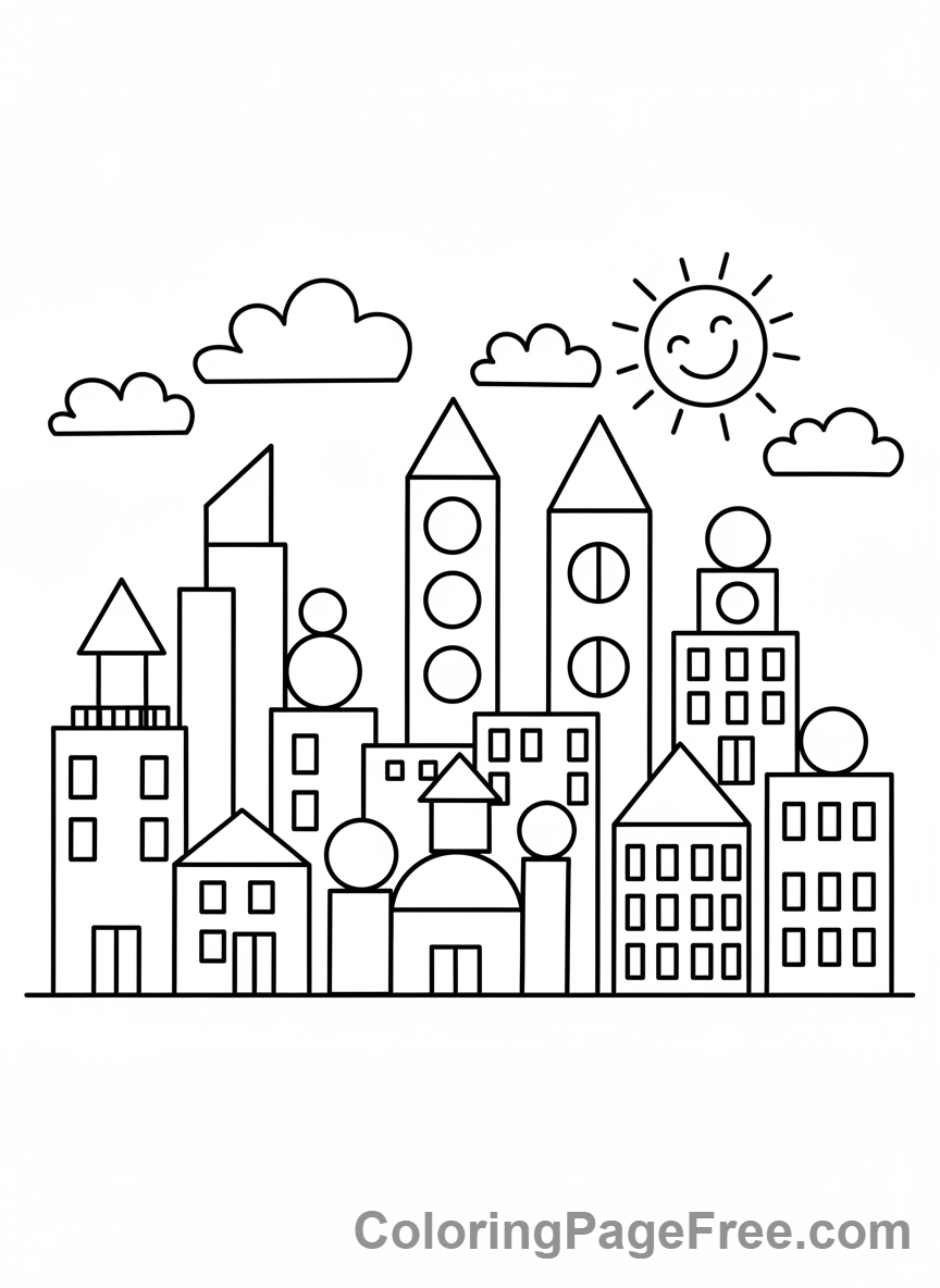 Geometric coloring page - Geometric city buildings