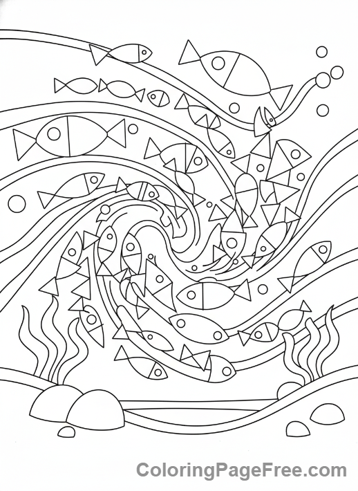Geometric coloring page - Geometric fish swimming