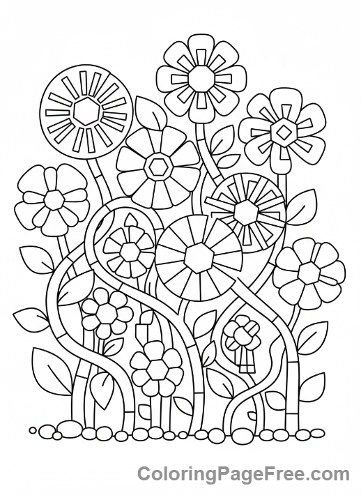 Geometric coloring page - Geometric flower garden