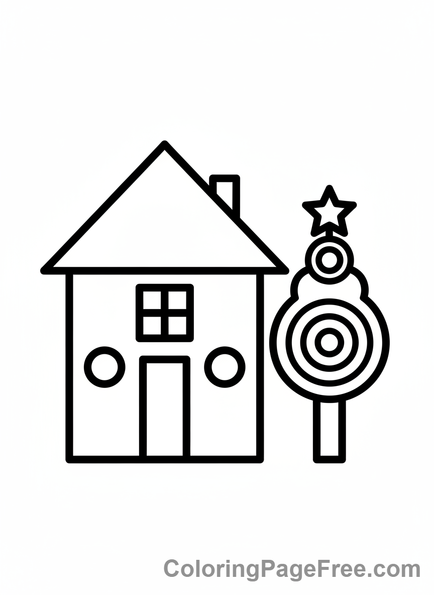 Geometric coloring page - Geometric house tree