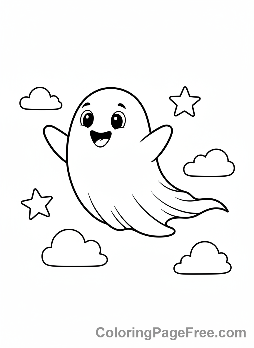 Flying Happy Ghost Coloring Page