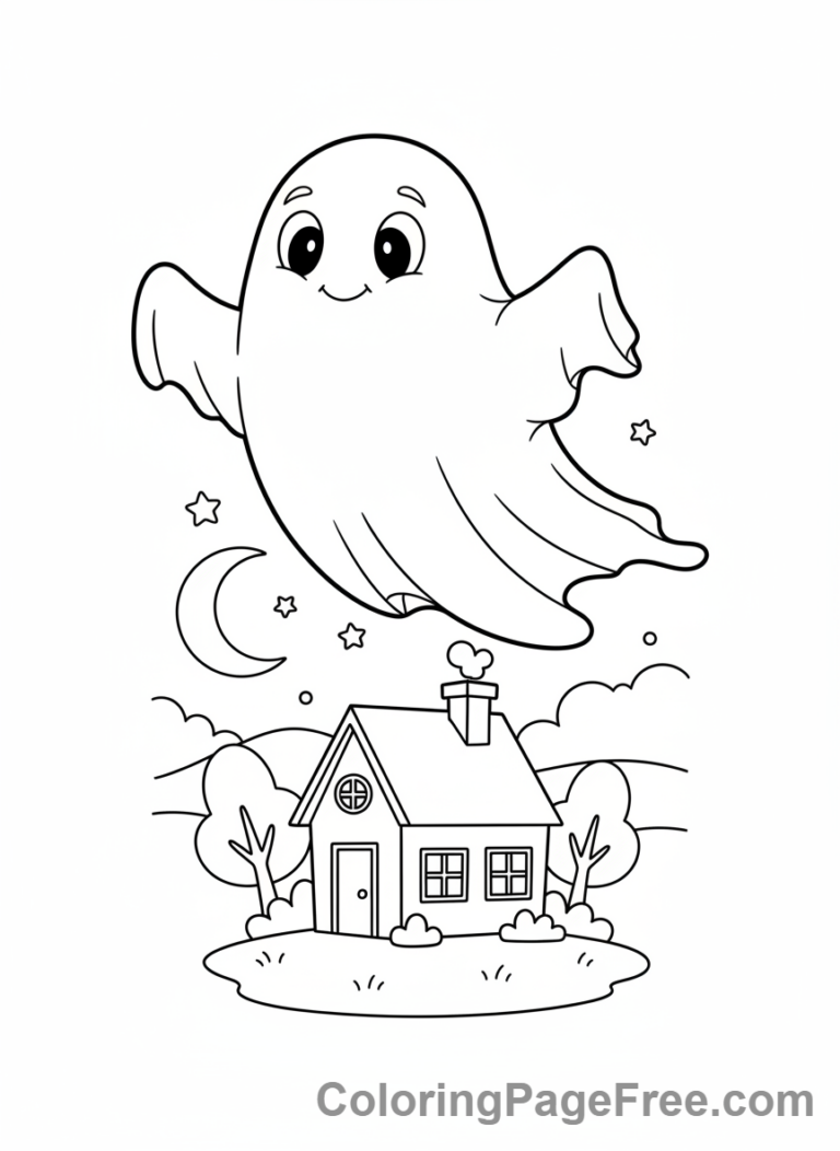 Ghost coloring page - Ghost Over House