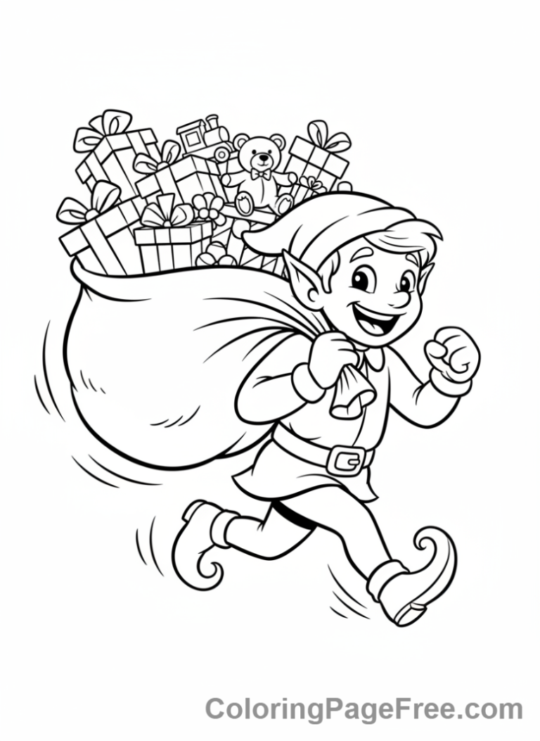 Gift coloring page - Elf delivering gifts