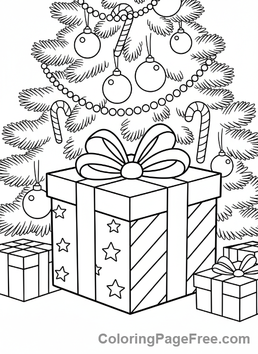 Gift coloring page - Gift under tree
