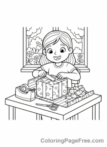 Gift coloring page - Girl wrapping gift