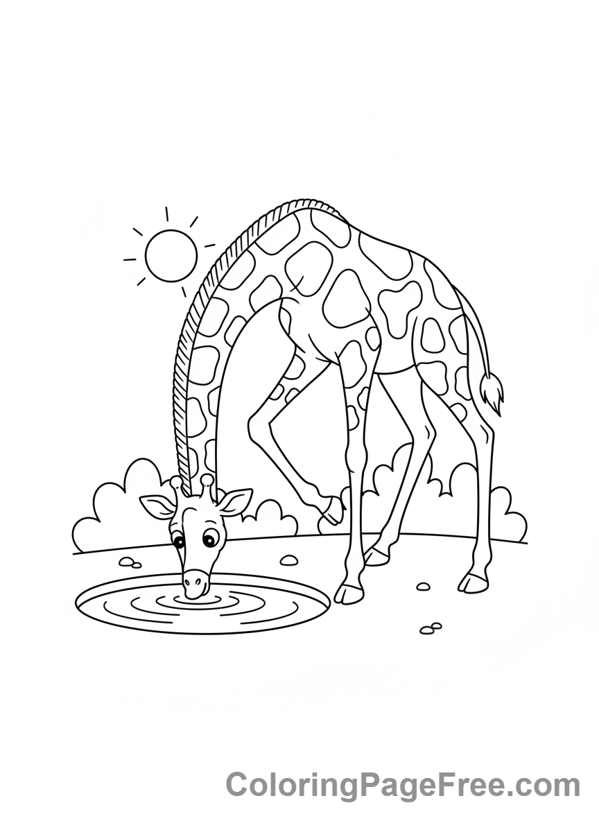 Giraffe coloring page - Giraffe Drinking Water